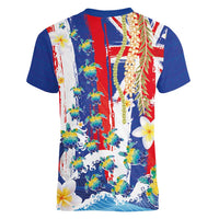 Hawaiian Sea Turtles and Plumeria Women V-Neck T-Shirt with Lei and Flag Grunge Style