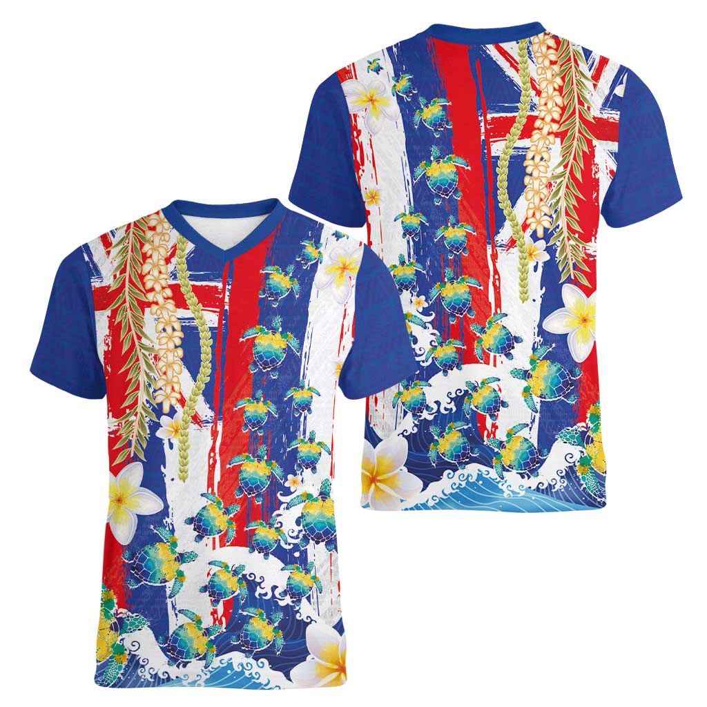 Hawaiian Sea Turtles and Plumeria Women V-Neck T-Shirt with Lei and Flag Grunge Style