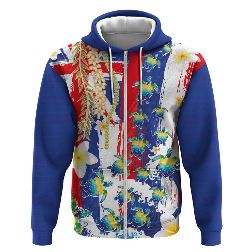 Hawaiian Sea Turtles and Plumeria Zip Hoodie with Lei and Flag Grunge Style LT03 Zip Hoodie Multicolor - Polynesian Pride