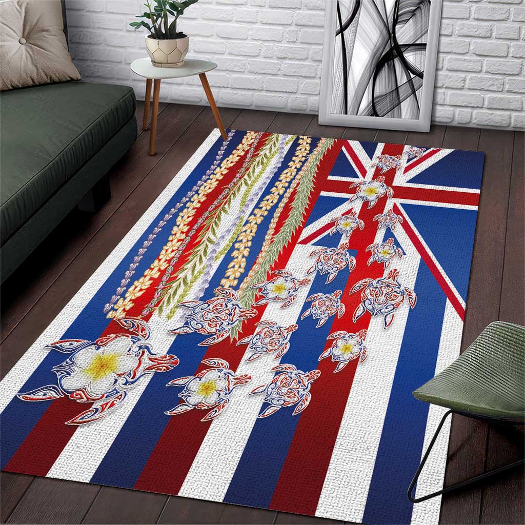 Hawaiian Polynesian Tribal Turtles Area Rug with Lei and Flag Style