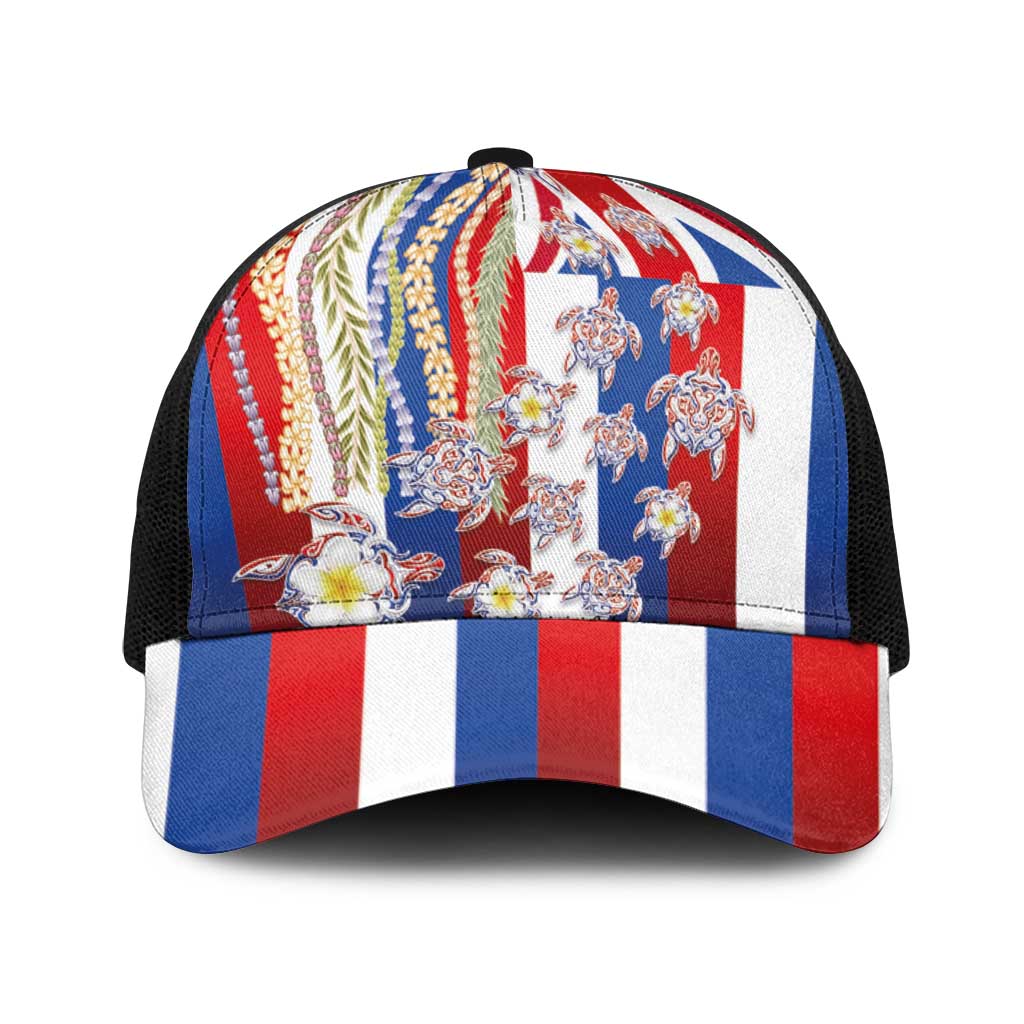 Hawaiian Polynesian Tribal Turtles Baseball Net Cap with Lei and Flag Style