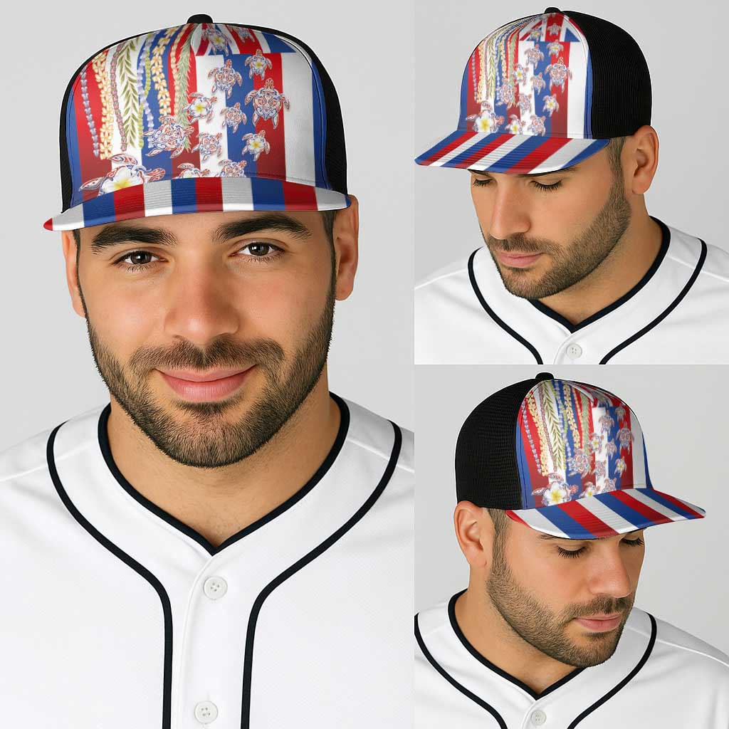 Hawaiian Polynesian Tribal Turtles Baseball Net Cap with Lei and Flag Style LT03 - Polynesian Pride