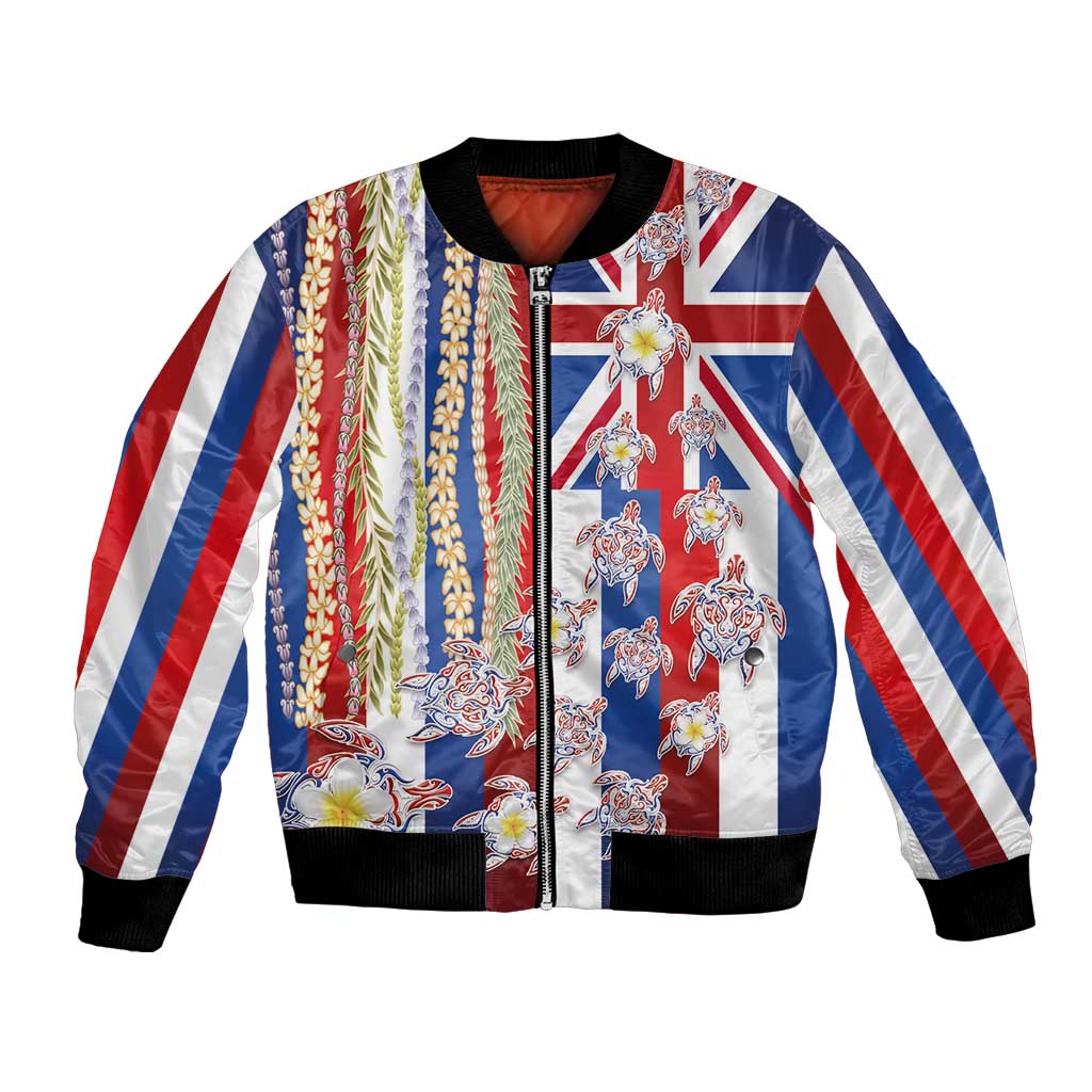 Hawaiian Polynesian Tribal Turtles Bomber Jacket with Lei and Flag Style LT03 Unisex Multicolor - Polynesian Pride