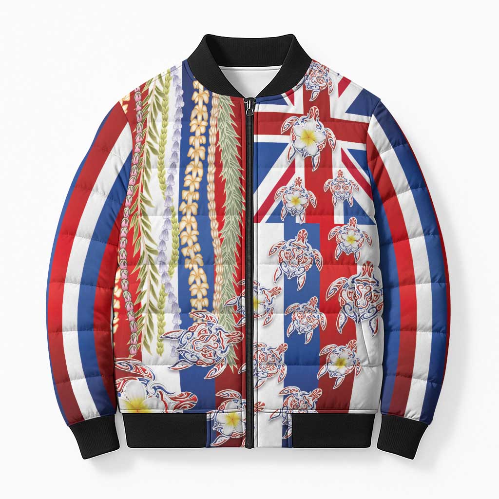 Hawaiian Polynesian Tribal Turtles Bomber Puffer Jacket with Lei and Flag Style