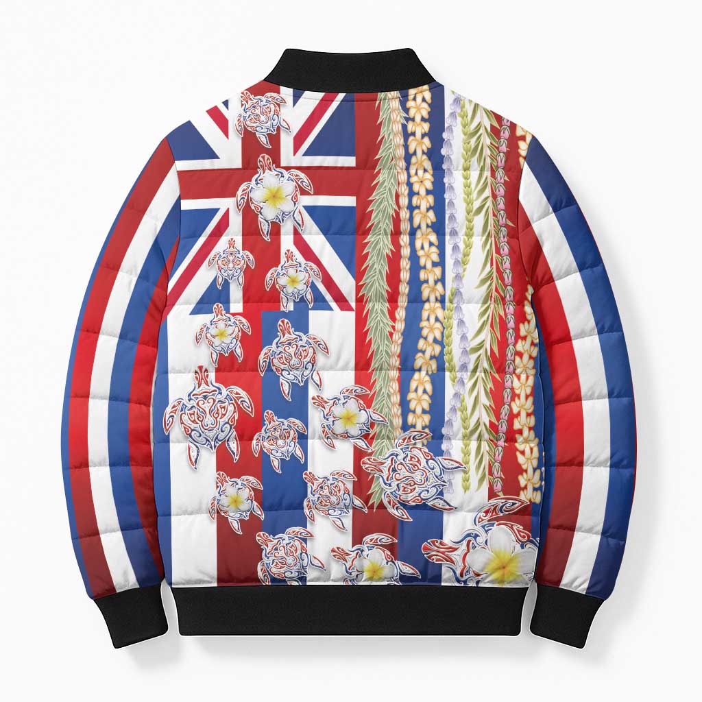 Hawaiian Polynesian Tribal Turtles Bomber Puffer Jacket with Lei and Flag Style