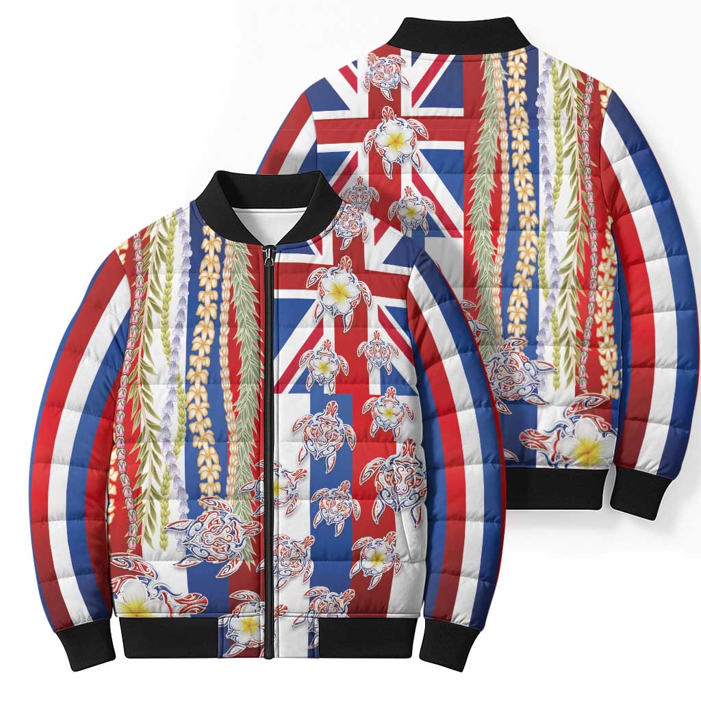 Hawaiian Polynesian Tribal Turtles Bomber Puffer Jacket with Lei and Flag Style