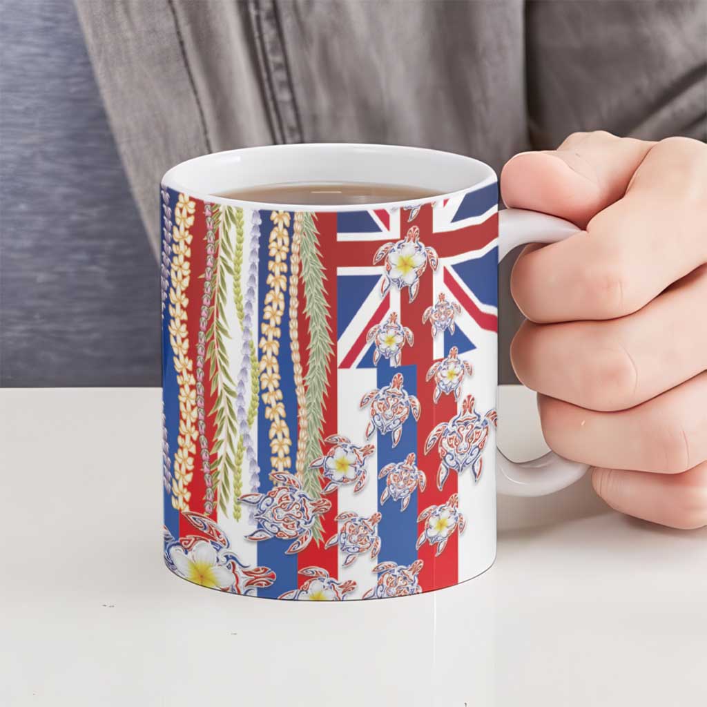Hawaiian Polynesian Tribal Turtles Ceramic Mug with Lei and Flag Style LT03 - Polynesian Pride