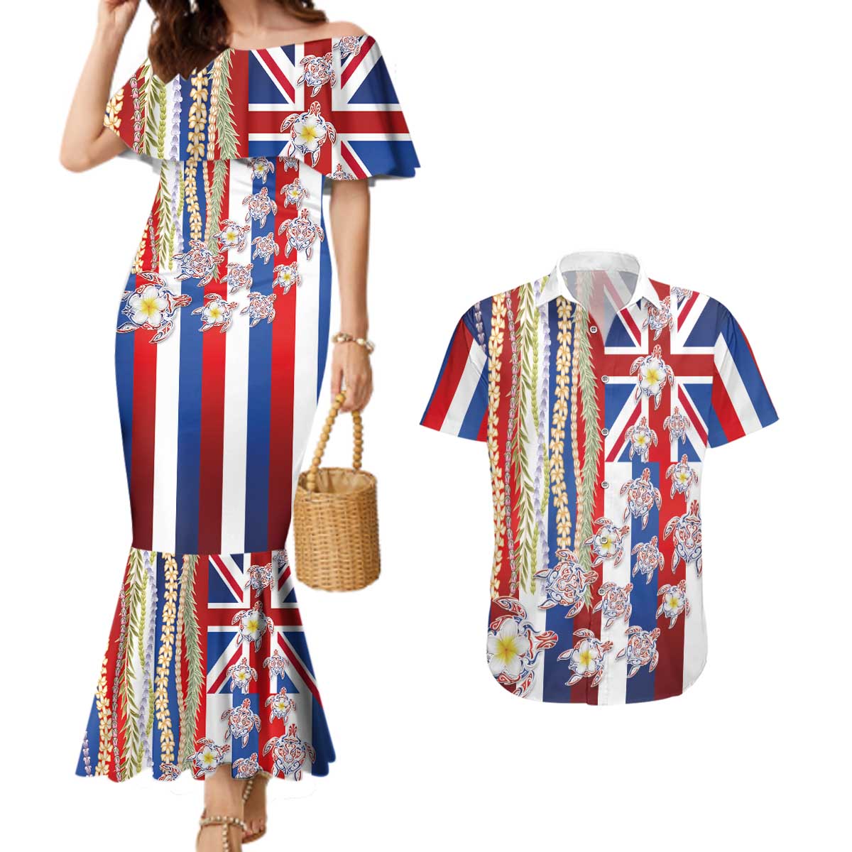 Hawaiian Polynesian Tribal Turtles Couples Matching Mermaid Dress and Hawaiian Shirt with Lei and Flag Style