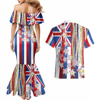 Hawaiian Polynesian Tribal Turtles Couples Matching Mermaid Dress and Hawaiian Shirt with Lei and Flag Style