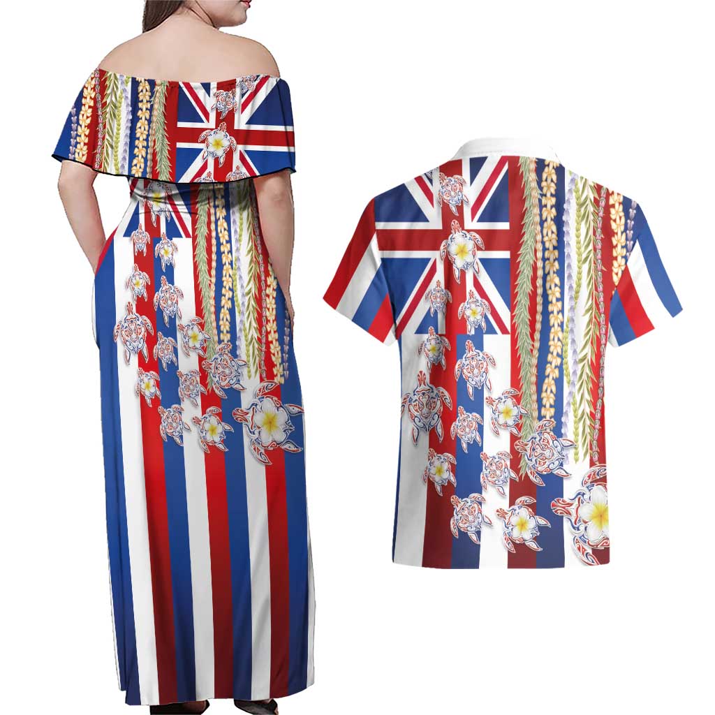 Hawaiian Polynesian Tribal Turtles Couples Matching Off Shoulder Maxi Dress and Hawaiian Shirt with Lei and Flag Style
