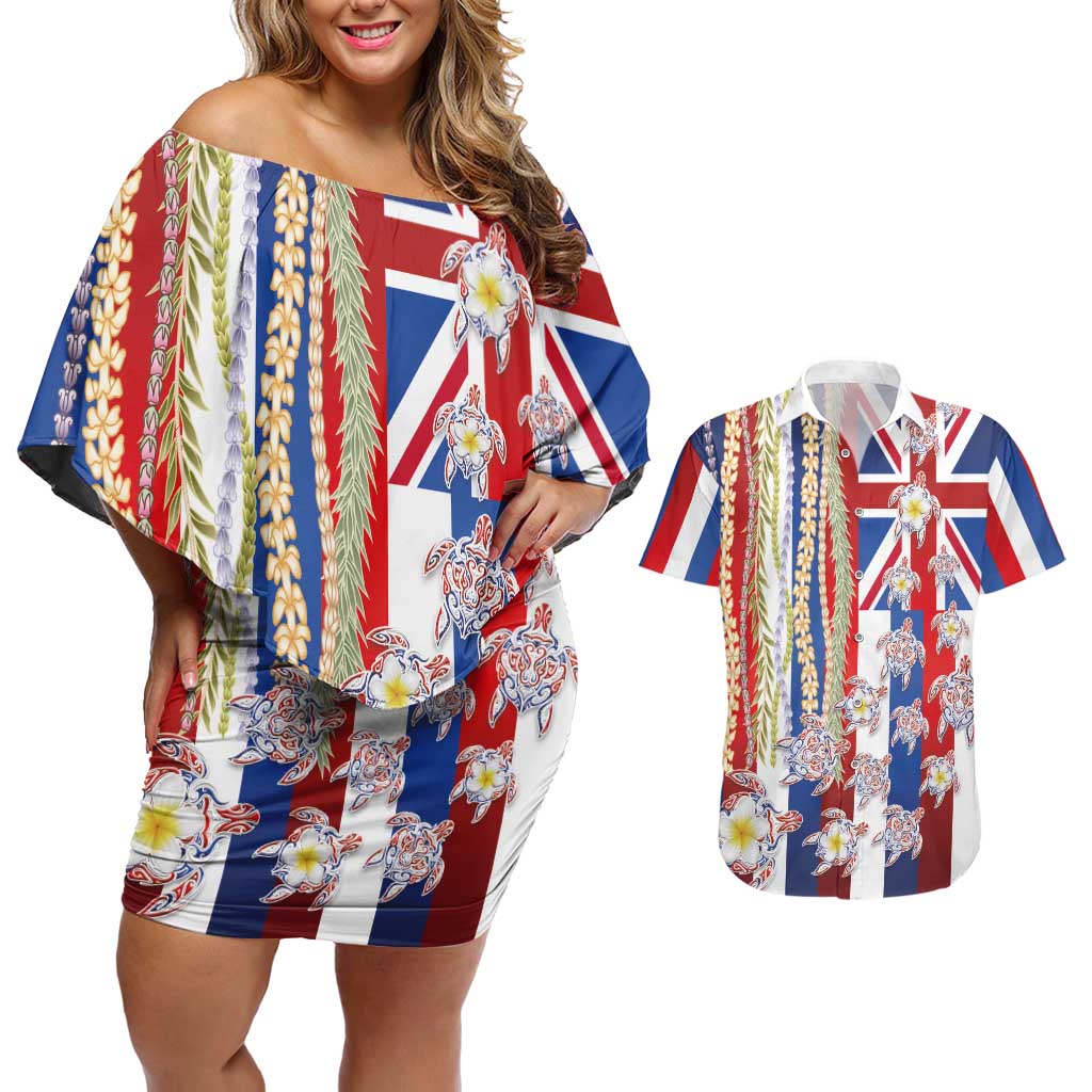 Hawaiian Polynesian Tribal Turtles Couples Matching Off Shoulder Short Dress and Hawaiian Shirt with Lei and Flag Style