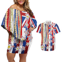 Hawaiian Polynesian Tribal Turtles Couples Matching Off Shoulder Short Dress and Hawaiian Shirt with Lei and Flag Style