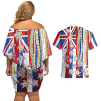 Hawaiian Polynesian Tribal Turtles Couples Matching Off Shoulder Short Dress and Hawaiian Shirt with Lei and Flag Style