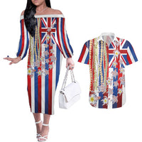 Hawaiian Polynesian Tribal Turtles Couples Matching Off The Shoulder Long Sleeve Dress and Hawaiian Shirt with Lei and Flag Style