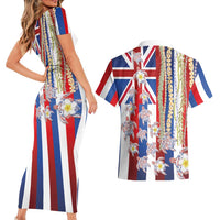 Hawaiian Polynesian Tribal Turtles Couples Matching Short Sleeve Bodycon Dress and Hawaiian Shirt with Lei and Flag Style