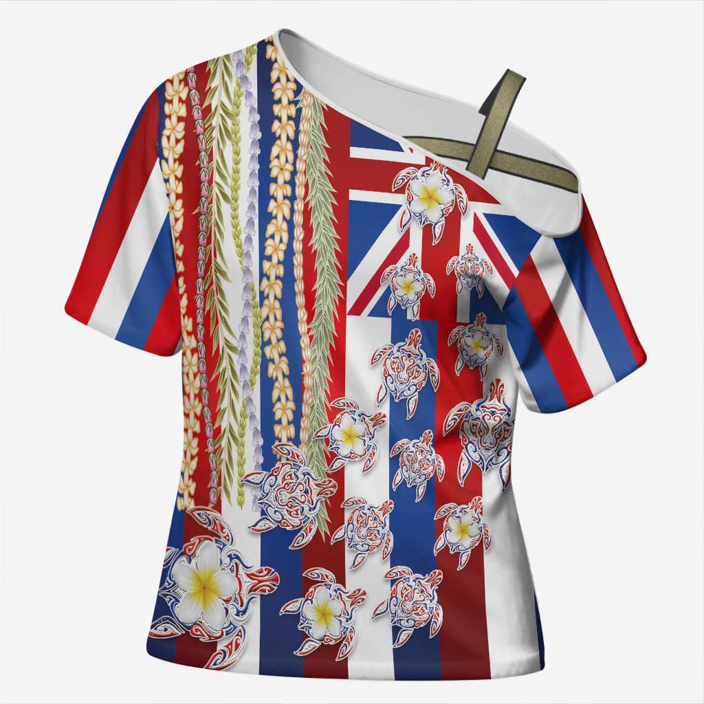 Hawaiian Polynesian Tribal Turtles Cross Shoulder Shirt with Lei and Flag Style LT03 Female Multicolor - Polynesian Pride