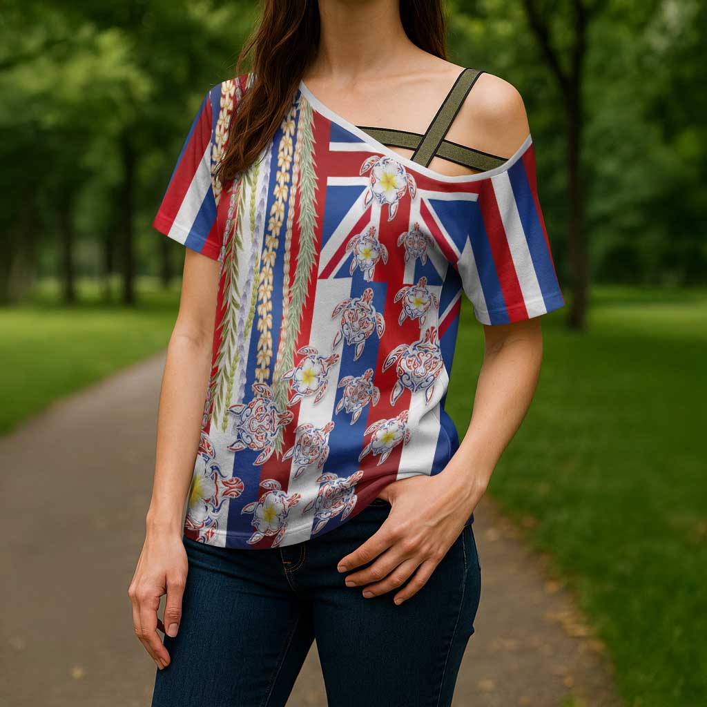 Hawaiian Polynesian Tribal Turtles Cross Shoulder Shirt with Lei and Flag Style LT03 - Polynesian Pride
