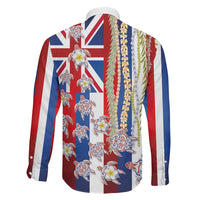 Hawaiian Polynesian Tribal Turtles Family Matching Long Sleeve Bodycon Dress and Hawaiian Shirt with Lei and Flag Style