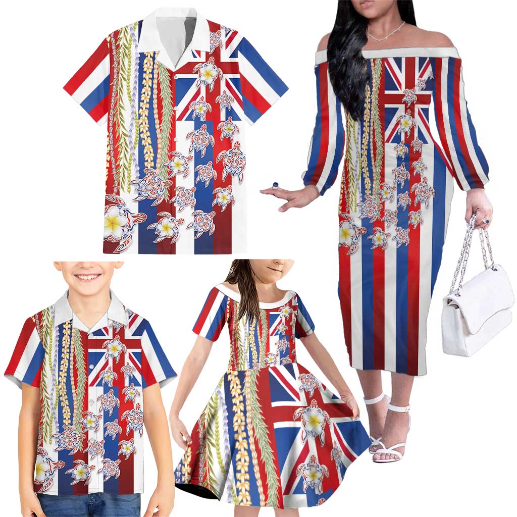 Hawaiian Polynesian Tribal Turtles Family Matching Off The Shoulder Long Sleeve Dress and Hawaiian Shirt with Lei and Flag Style LT03 - Polynesian Pride