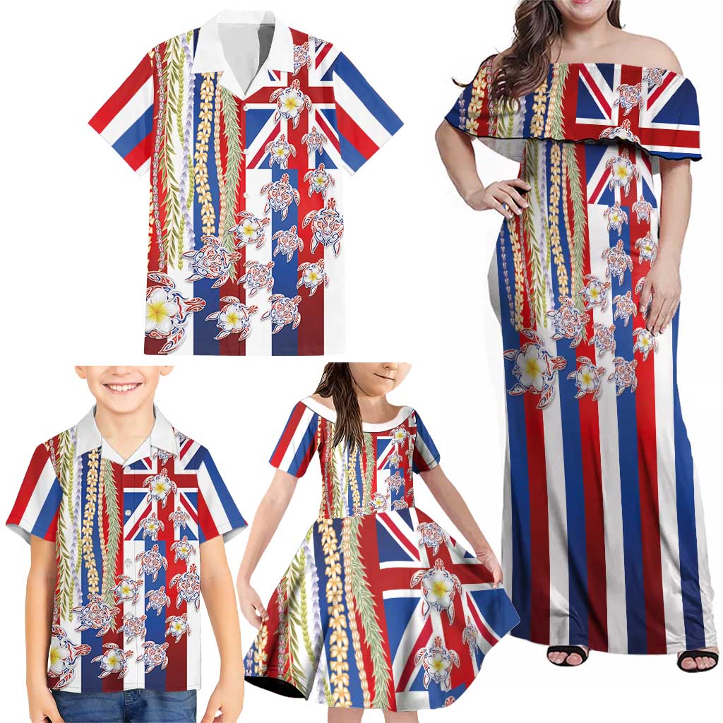 Hawaiian Polynesian Tribal Turtles Family Matching Off Shoulder Maxi Dress and Hawaiian Shirt with Lei and Flag Style LT03 - Polynesian Pride