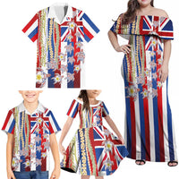 Hawaiian Polynesian Tribal Turtles Family Matching Off Shoulder Maxi Dress and Hawaiian Shirt with Lei and Flag Style