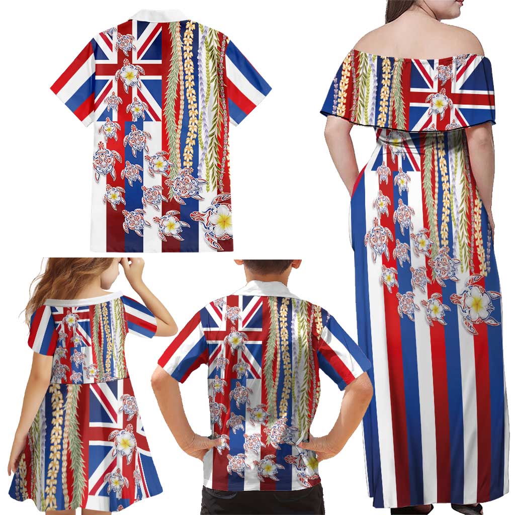 Hawaiian Polynesian Tribal Turtles Family Matching Off Shoulder Maxi Dress and Hawaiian Shirt with Lei and Flag Style