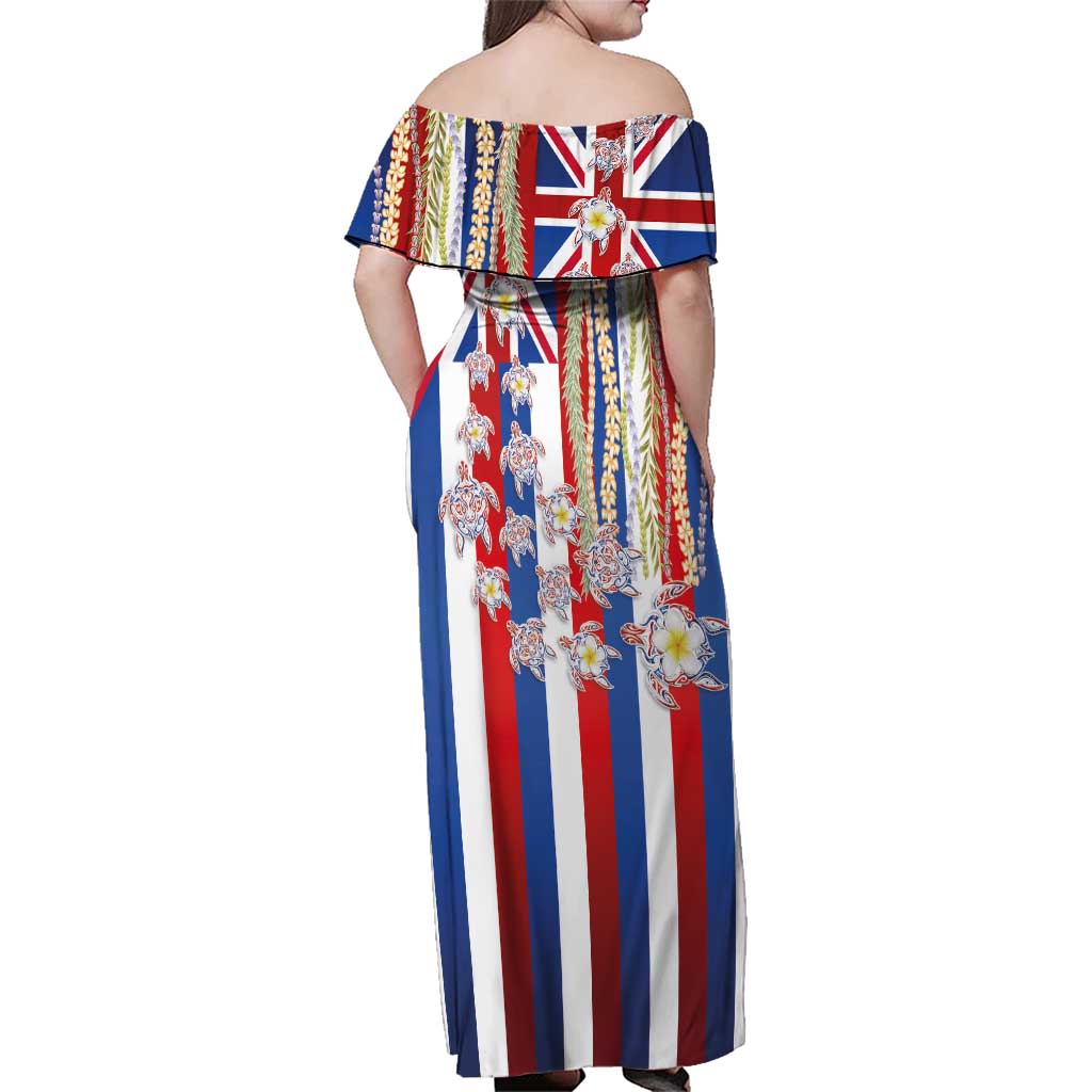 Hawaiian Polynesian Tribal Turtles Family Matching Off Shoulder Maxi Dress and Hawaiian Shirt with Lei and Flag Style