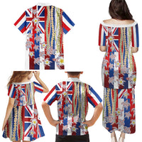 Hawaiian Polynesian Tribal Turtles Family Matching Puletasi and Hawaiian Shirt with Lei and Flag Style