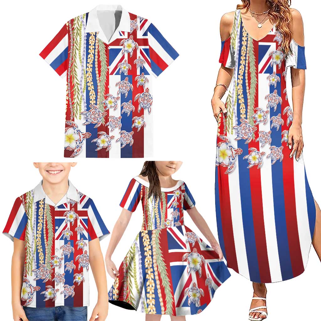 Hawaiian Polynesian Tribal Turtles Family Matching Summer Maxi Dress and Hawaiian Shirt with Lei and Flag Style LT03 - Polynesian Pride