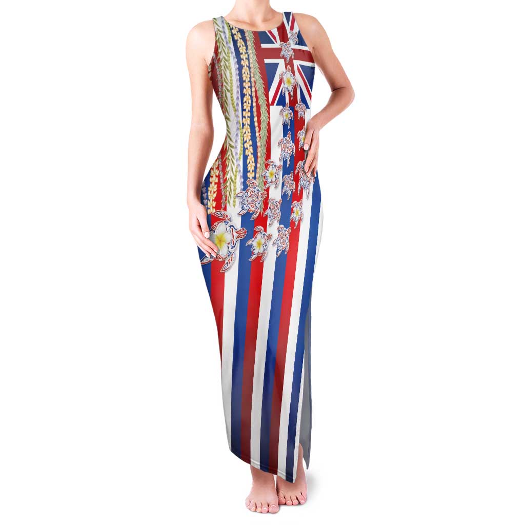 Hawaiian Polynesian Tribal Turtles Family Matching Tank Maxi Dress and Hawaiian Shirt with Lei and Flag Style