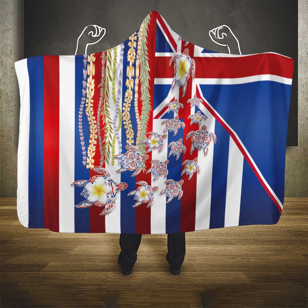 Hawaiian Polynesian Tribal Turtles Hooded Blanket with Lei and Flag Style