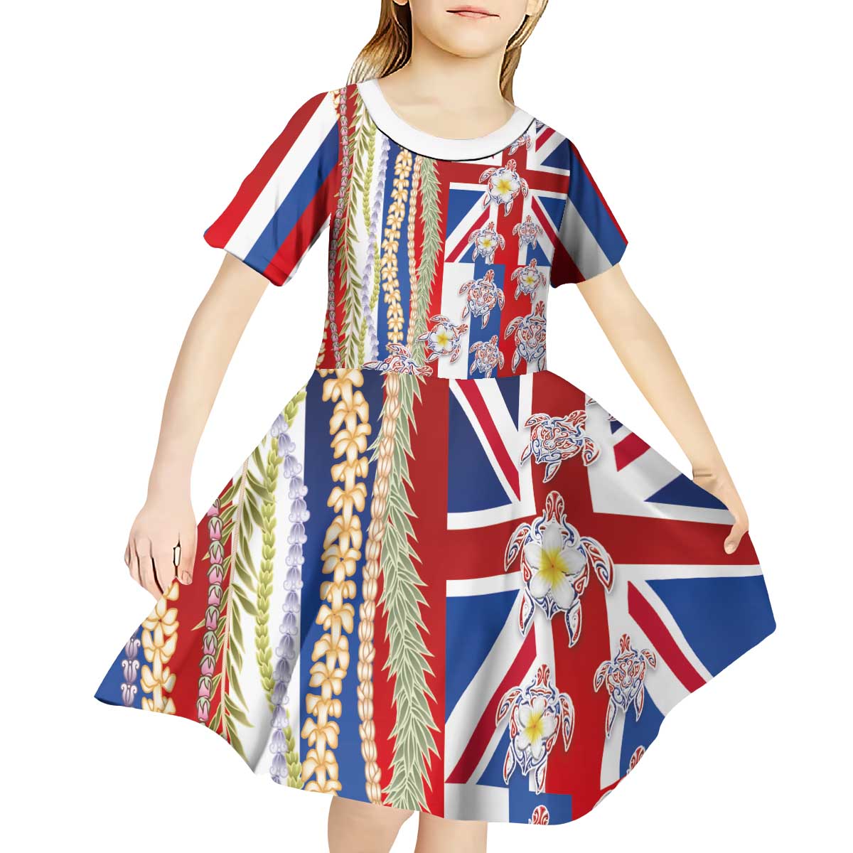 Hawaiian Polynesian Tribal Turtles Kid Short Sleeve Dress with Lei and Flag Style LT03 - Polynesian Pride