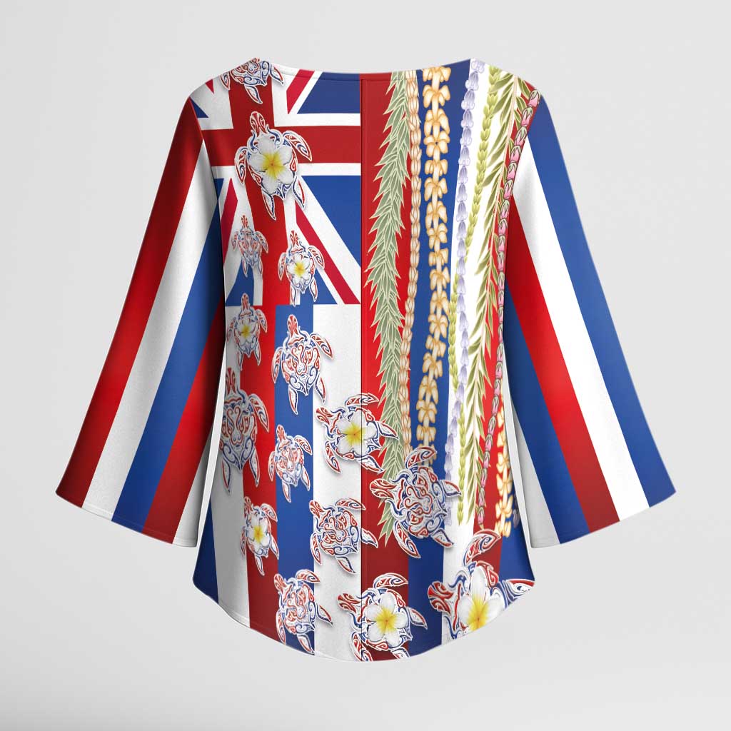 Hawaiian Polynesian Tribal Turtles Kimono Sleeve Blouse with Lei and Flag Style LT03 - Polynesian Pride