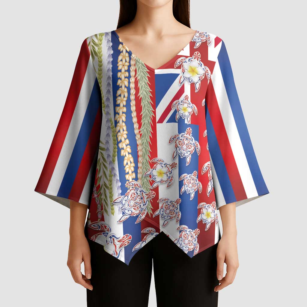 Hawaiian Polynesian Tribal Turtles Kimono Sleeve Blouse with Lei and Flag Style LT03 - Polynesian Pride