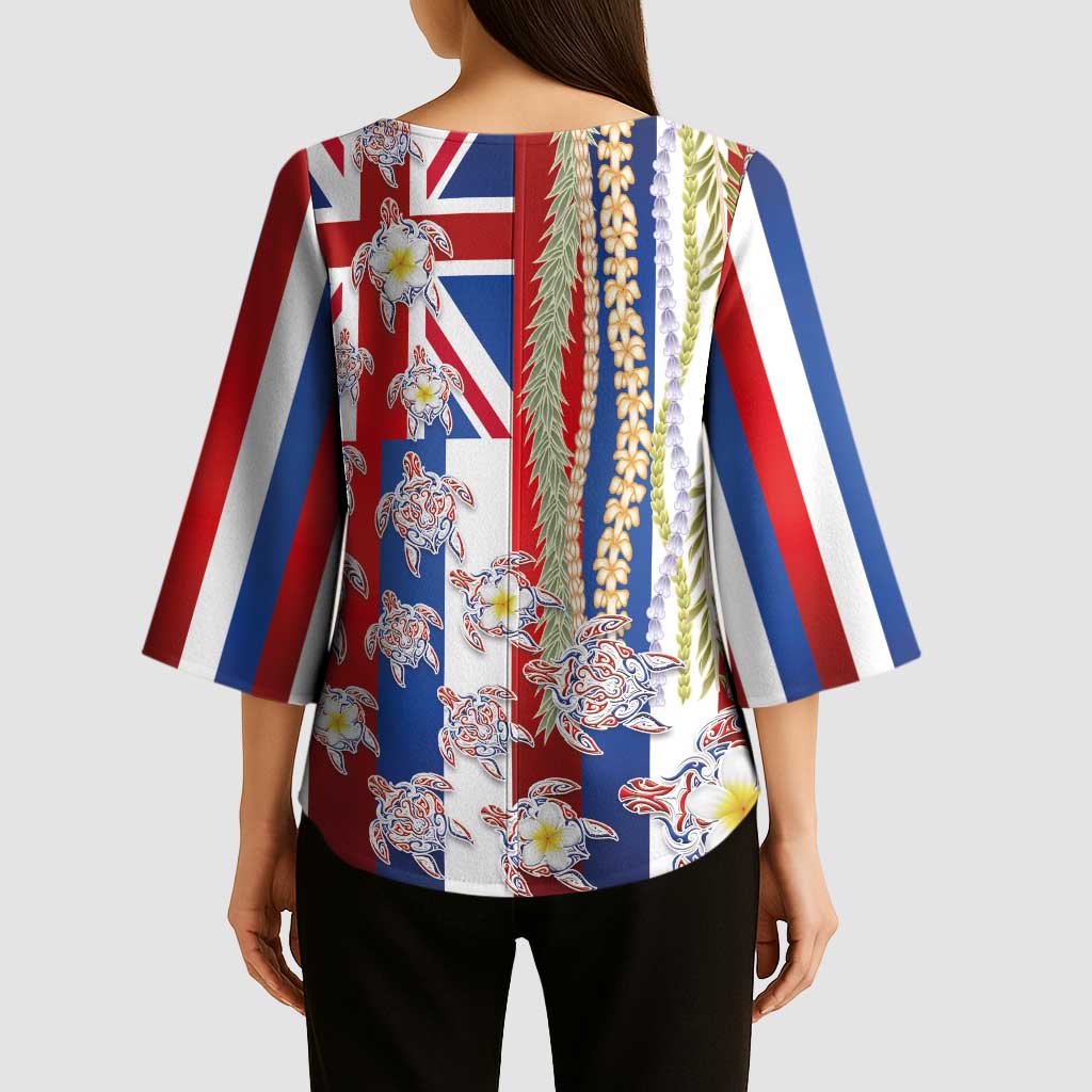 Hawaiian Polynesian Tribal Turtles Kimono Sleeve Blouse with Lei and Flag Style LT03 - Polynesian Pride