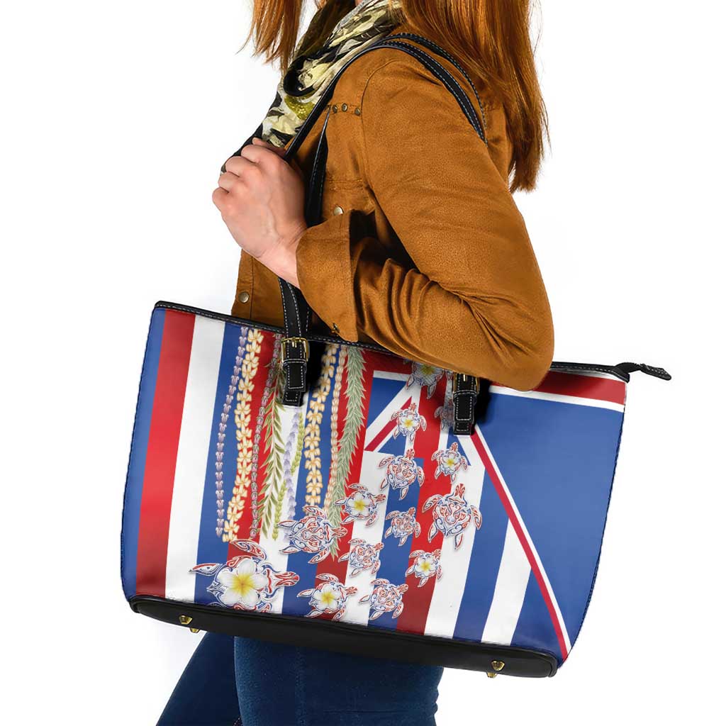 Hawaiian Polynesian Tribal Turtles Leather Tote Bag with Lei and Flag Style LT03 Multicolor - Polynesian Pride