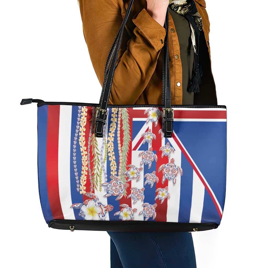 Hawaiian Polynesian Tribal Turtles Leather Tote Bag with Lei and Flag Style LT03 - Polynesian Pride