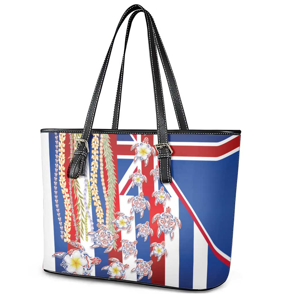 Hawaiian Polynesian Tribal Turtles Leather Tote Bag with Lei and Flag Style LT03 - Polynesian Pride