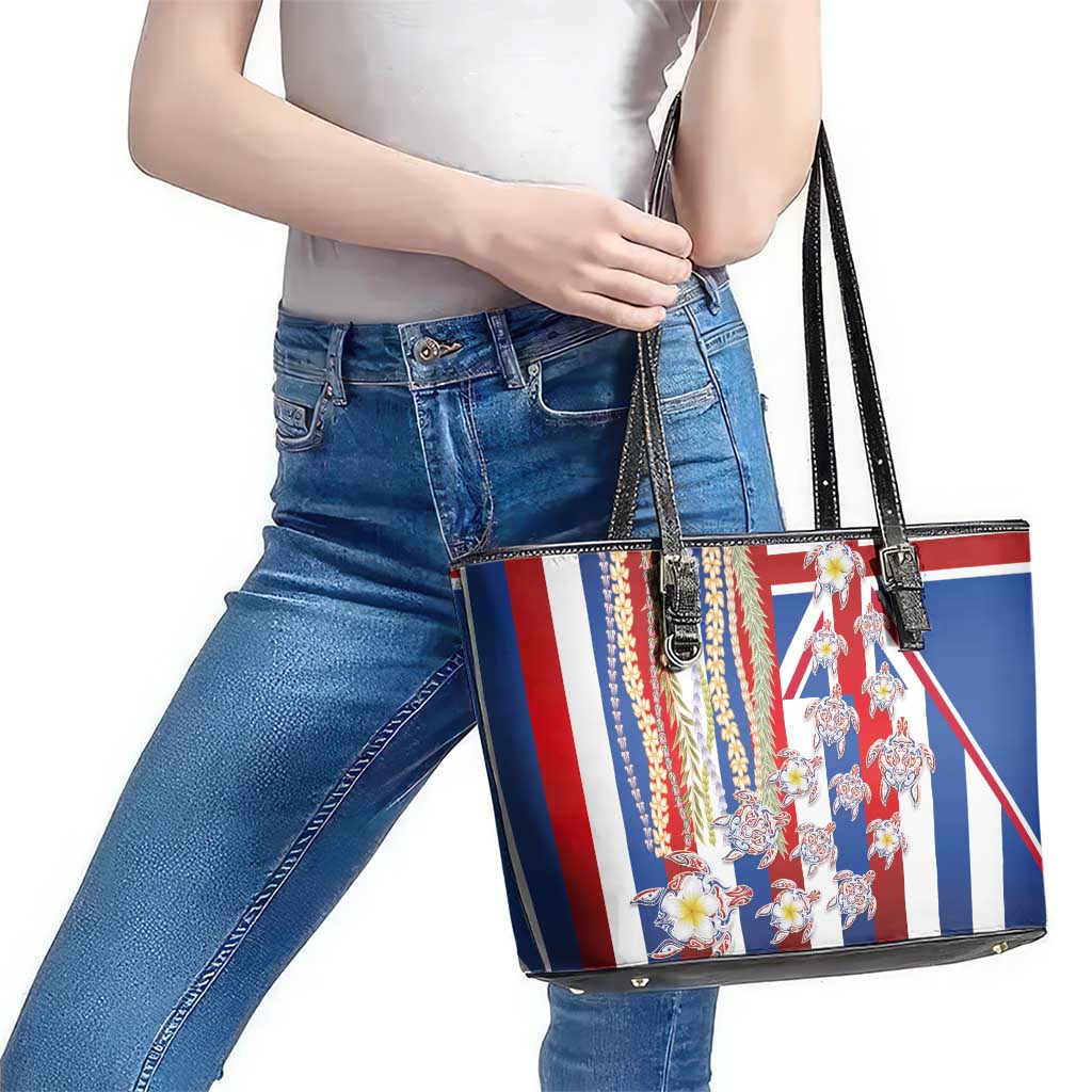 Hawaiian Polynesian Tribal Turtles Leather Tote Bag with Lei and Flag Style LT03 - Polynesian Pride