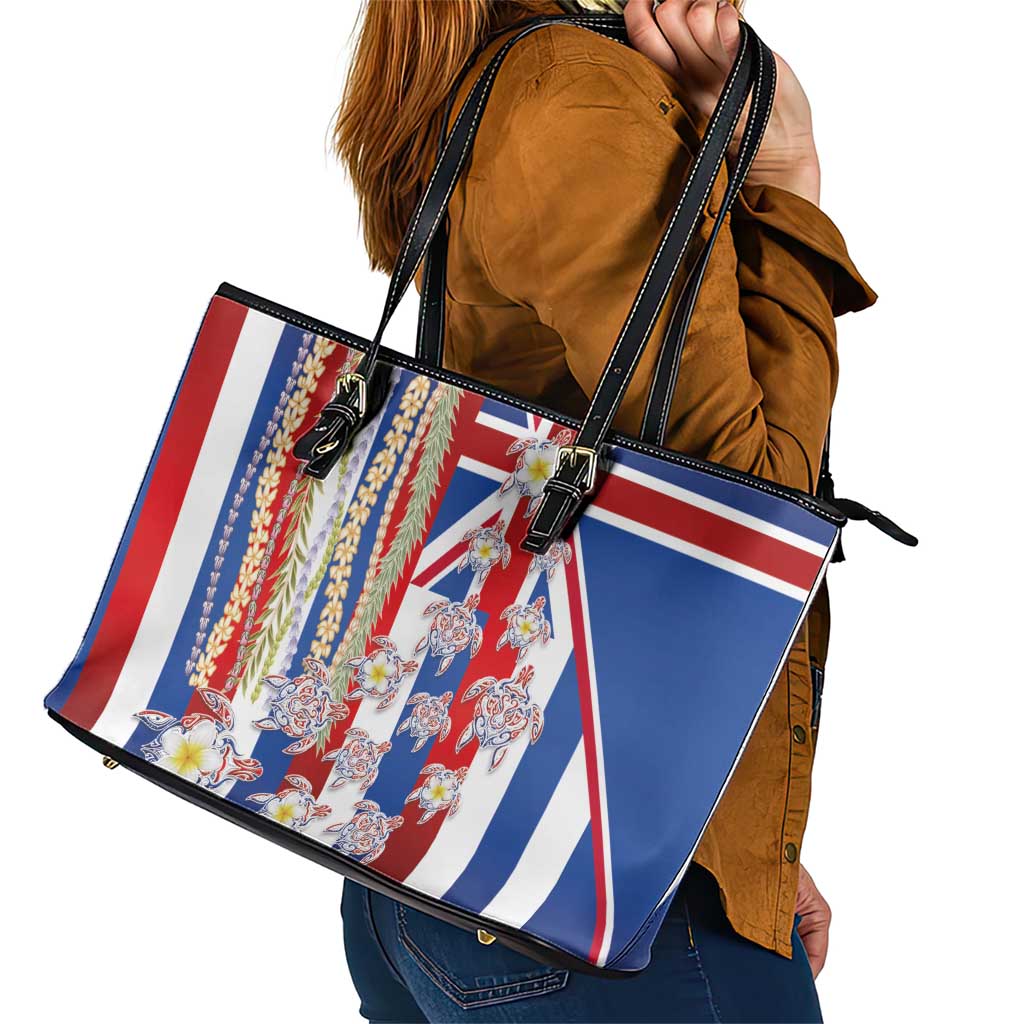 Hawaiian Polynesian Tribal Turtles Leather Tote Bag with Lei and Flag Style LT03 - Polynesian Pride