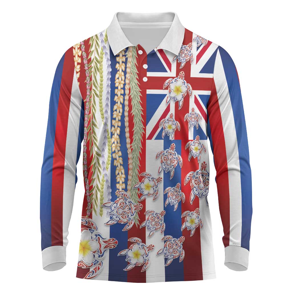 Hawaiian Polynesian Tribal Turtles Long Sleeve Polo Shirt with Lei and Flag Style LT03 Multicolor - Polynesian Pride