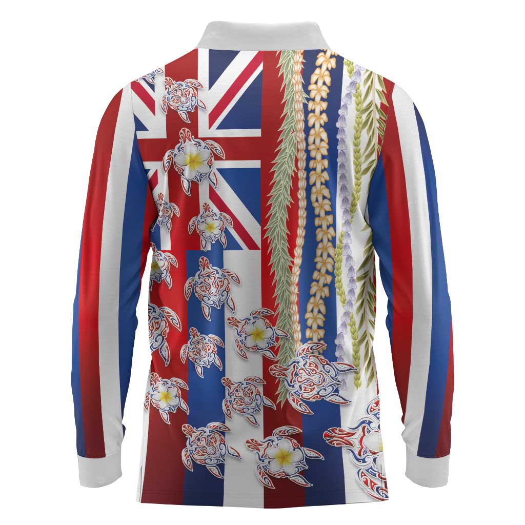 Hawaiian Polynesian Tribal Turtles Long Sleeve Polo Shirt with Lei and Flag Style LT03 - Polynesian Pride