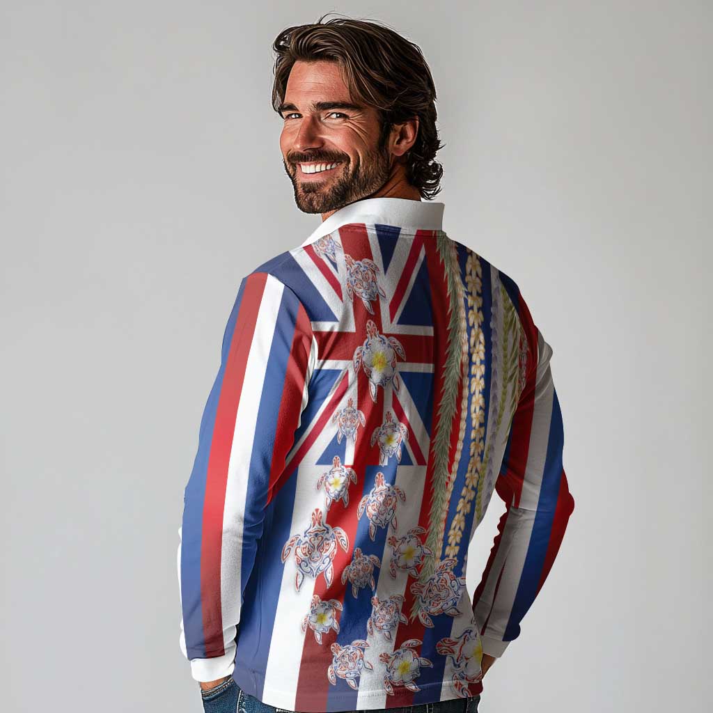Hawaiian Polynesian Tribal Turtles Long Sleeve Polo Shirt with Lei and Flag Style LT03 - Polynesian Pride