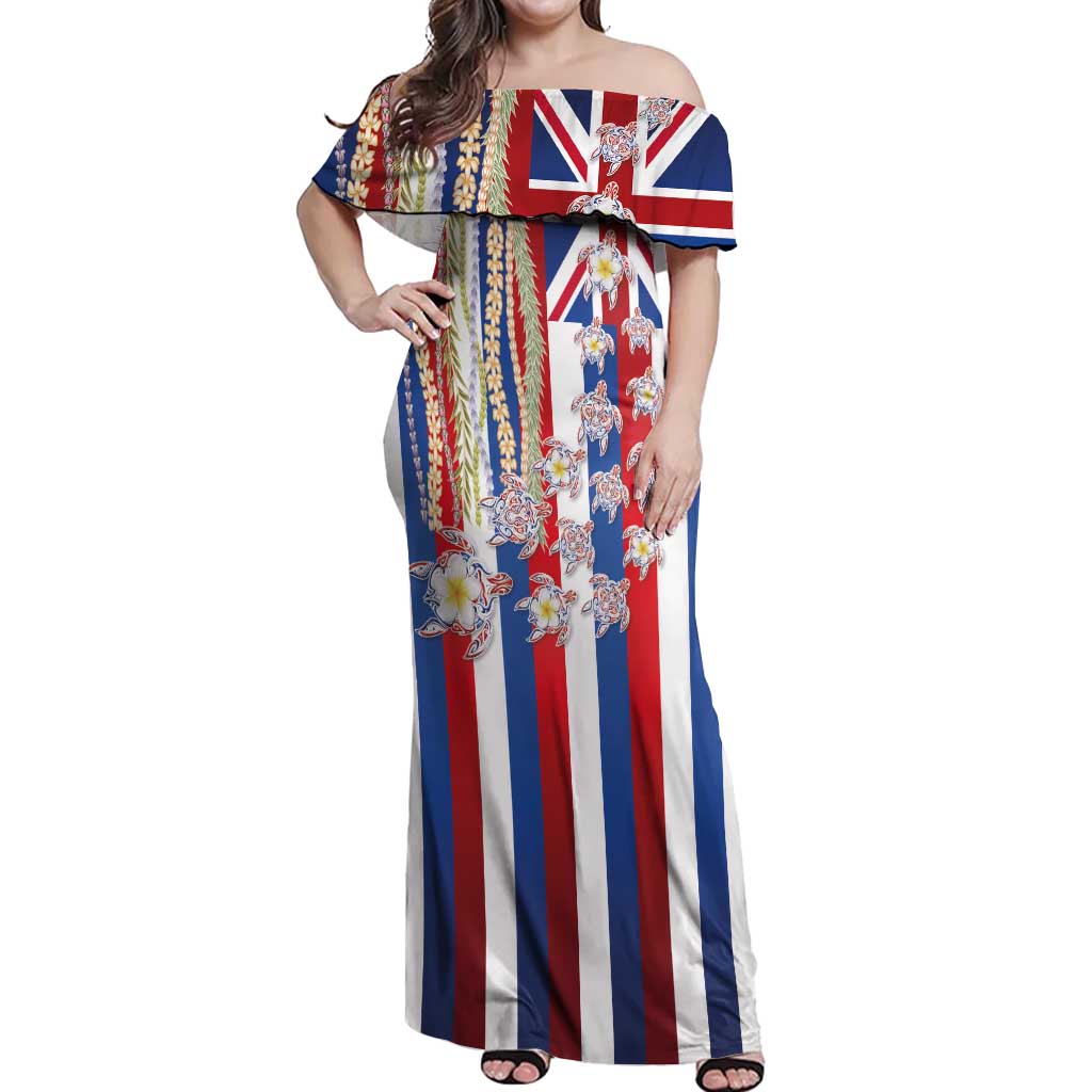 Hawaiian Polynesian Tribal Turtles Off Shoulder Maxi Dress with Lei and Flag Style LT03 Women Multicolor - Polynesian Pride