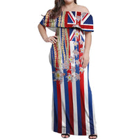 Hawaiian Polynesian Tribal Turtles Off Shoulder Maxi Dress with Lei and Flag Style LT03 Women Multicolor - Polynesian Pride