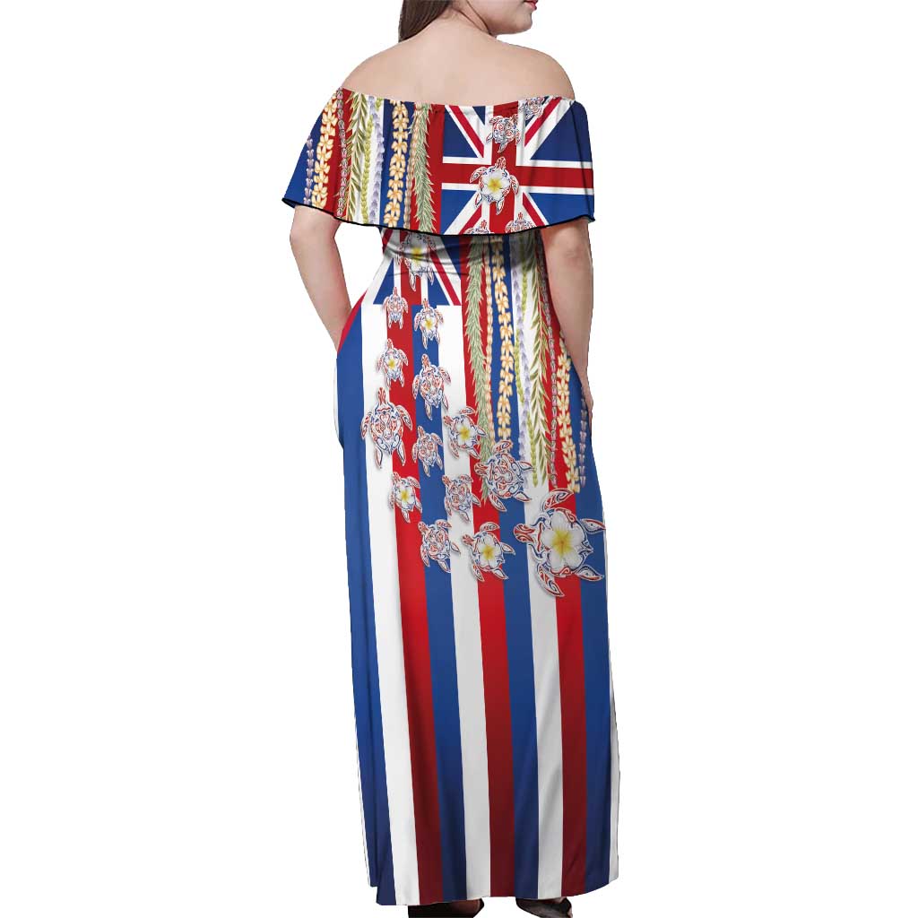 Hawaiian Polynesian Tribal Turtles Off Shoulder Maxi Dress with Lei and Flag Style LT03 - Polynesian Pride