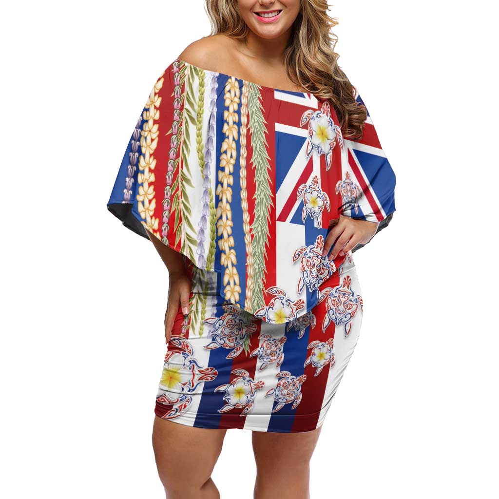 Hawaiian Polynesian Tribal Turtles Off Shoulder Short Dress with Lei and Flag Style