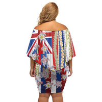 Hawaiian Polynesian Tribal Turtles Off Shoulder Short Dress with Lei and Flag Style