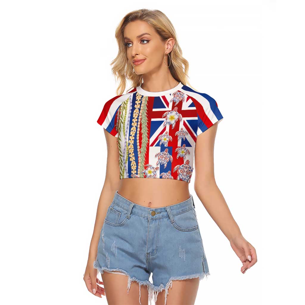 Hawaiian Polynesian Tribal Turtles Raglan Cropped T Shirt with Lei and Flag Style LT03 Female Multicolor - Polynesian Pride