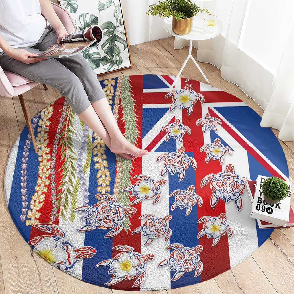 Hawaiian Polynesian Tribal Turtles Round Carpet with Lei and Flag Style LT03 - Polynesian Pride